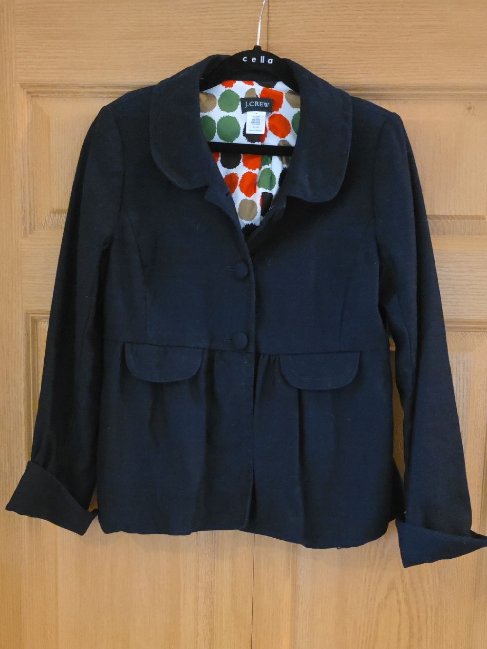 J. Crew Navy Linen Blend Peplum-Style Blazer with Polka‎ Dot Lining